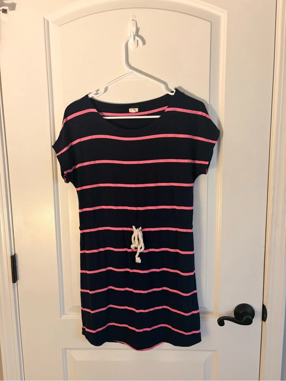 J. Crew Navy Dress with Pink Stripes and Drawstring